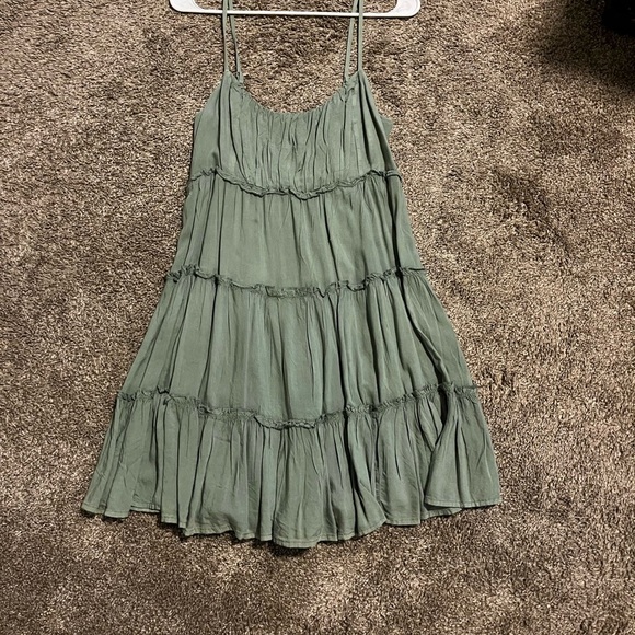 Aeropostale Women's Solid Swoop-Neck Tiered Green Babydoll Dress - Picture 2 of 8